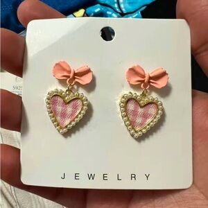Tweed Heart Bow Faux Pearl Earrings